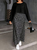 Plus Size, Autumn New Arrival Plus Size Women's Long Sleeve T-Shirt + Printed Camisole Maxi Dress Set, Fashionable 2pcs Outfit for Women - Black