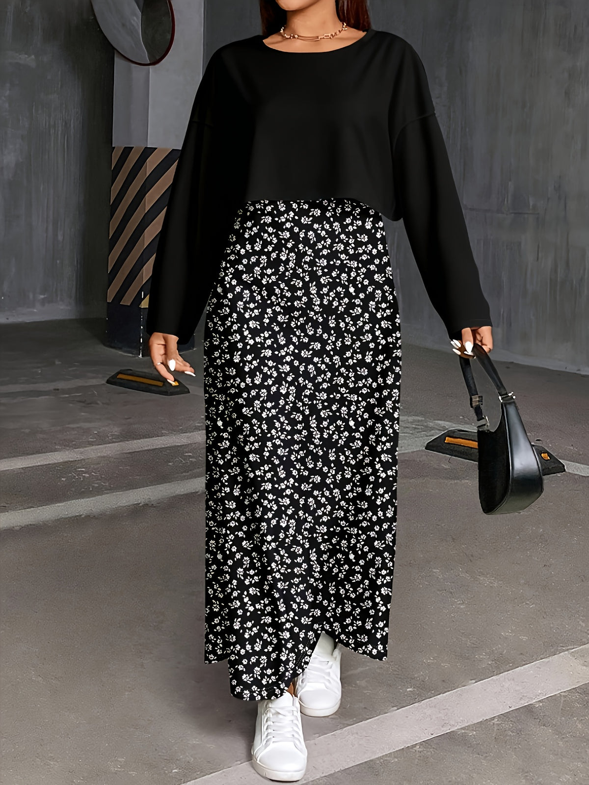 Plus Size, Autumn New Arrival Plus Size Women's Long Sleeve T-Shirt + Printed Camisole Maxi Dress Set, Fashionable 2pcs Outfit for Women - Black