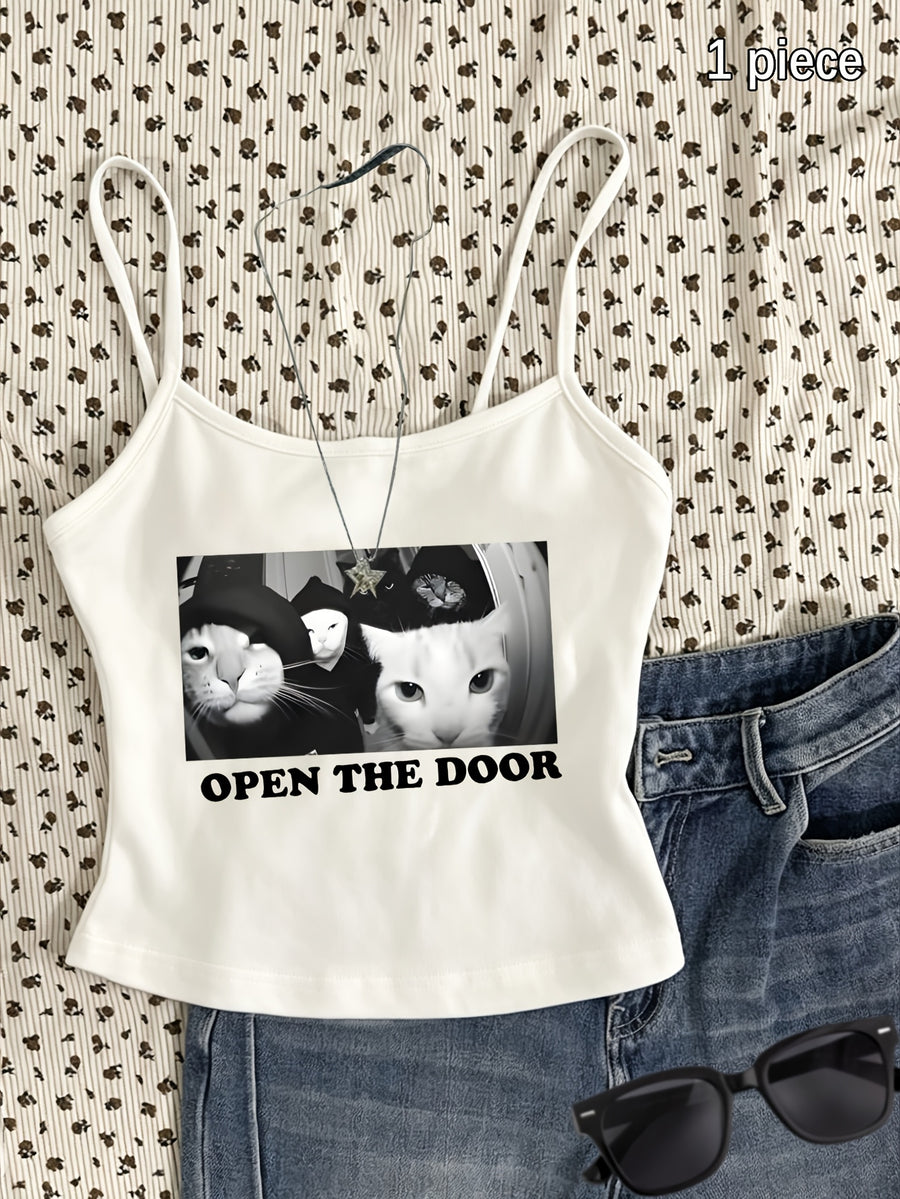1pc Women's Mini Camisole Top with a Playful and Energetic Cat Print. Features a Cool and Edgy Vibe, Effortlessly Creating a Girly Style. Offers a Youthful and Age-reducing Effect, Adding Both Vitality and a Youthful Look. Suitable for Various Styles - White