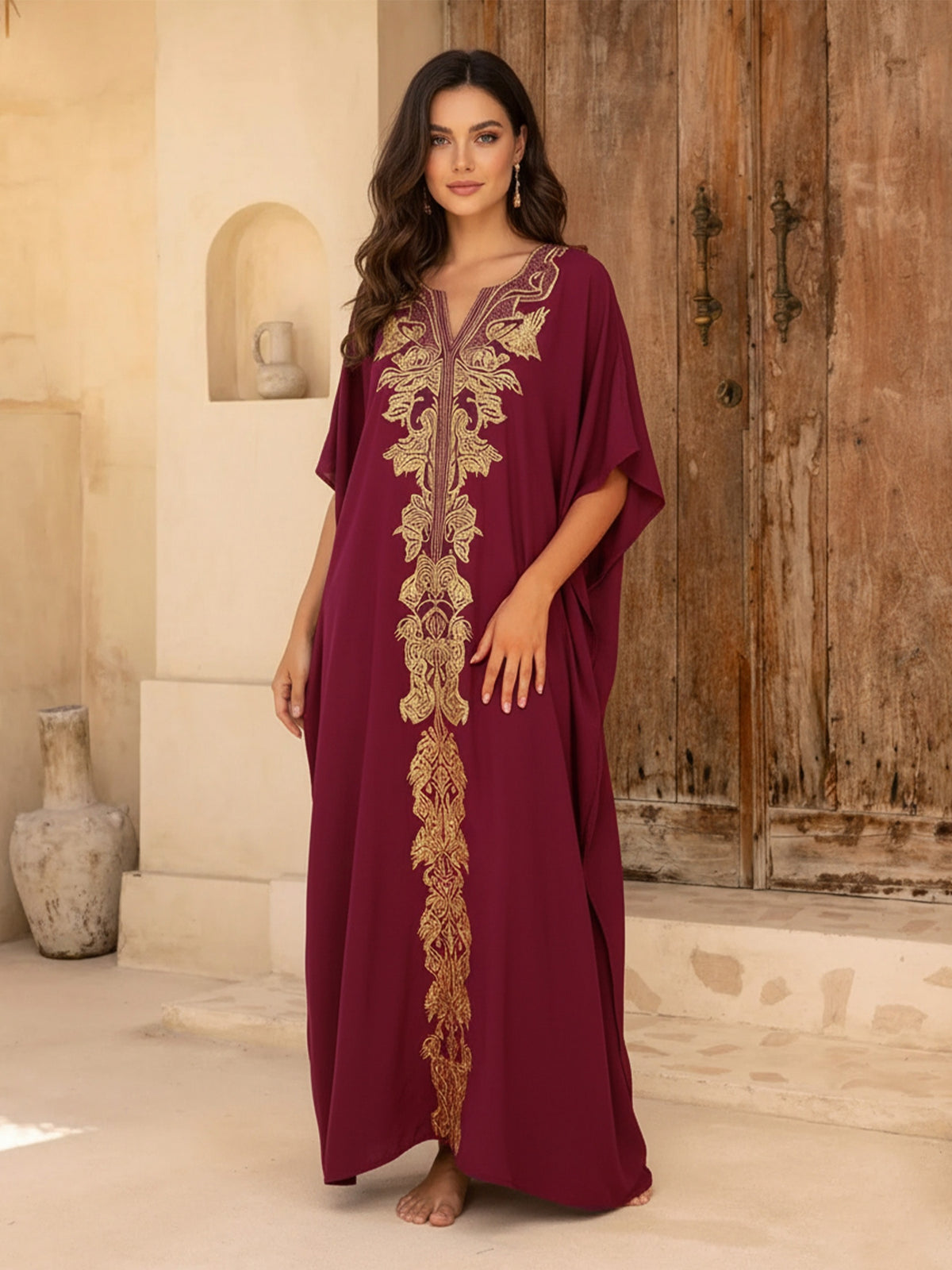Luxury Golden Embroidered Maxi Dress Women's Loose Fit Burgundy Sexy V-Neck Flowy Robe Beach Vavation Cover Up Q1808 - Red