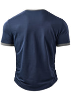 Men's Fashion Top, Spring/Summer Outdoor Casual Knitwear, Color-Block Patchwork Henley Shirt with Patch Pocket and Short Sleeves - Royal Blue