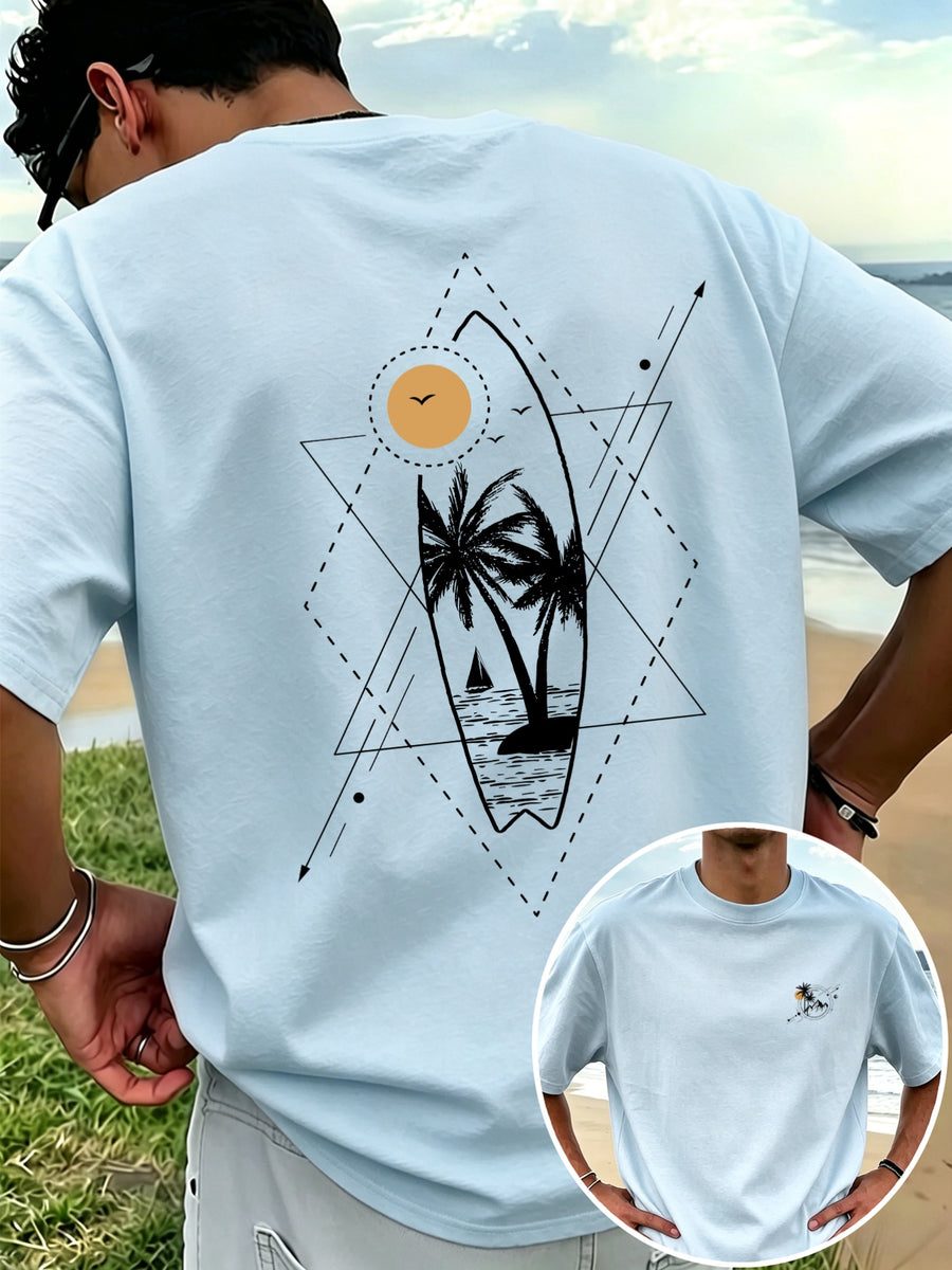 New Men's 100% Pure Cotton T-Shirt with Surfboard, Coconut Tree, and Sun Print, Comfortable and Breathable for Summer Casual Beach Vacations - Light Blue Color