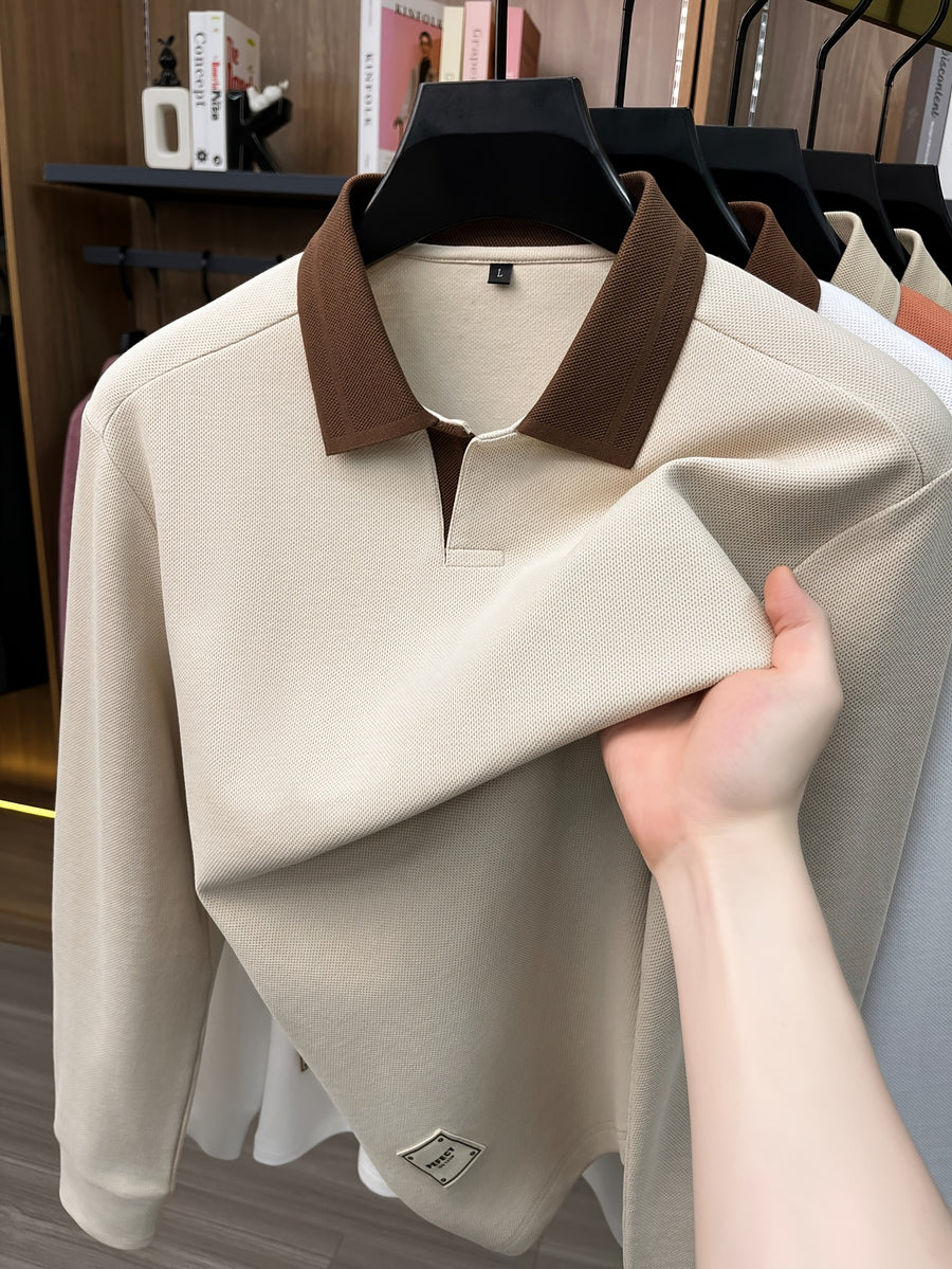2026 Autumn Men'S Long Sleeve T-Shirt Casual Solid Color Seagull Collar Lapel POLO Shirt - Apricot