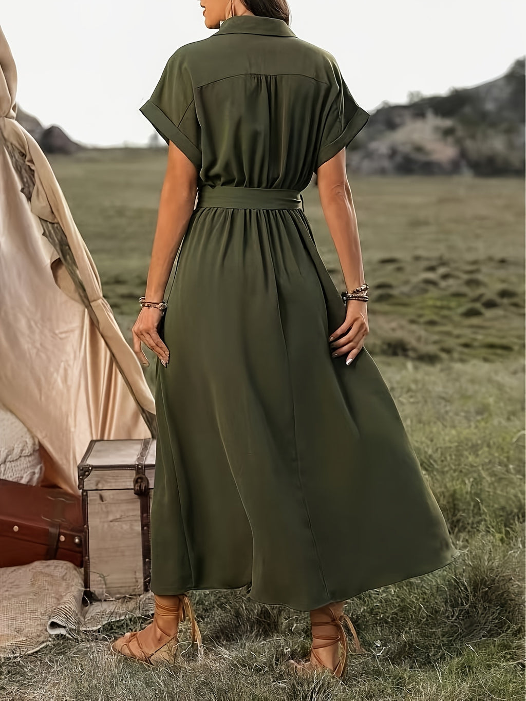 Women's Fashion V-Neck Solid Color Slit Dress - Army Green
