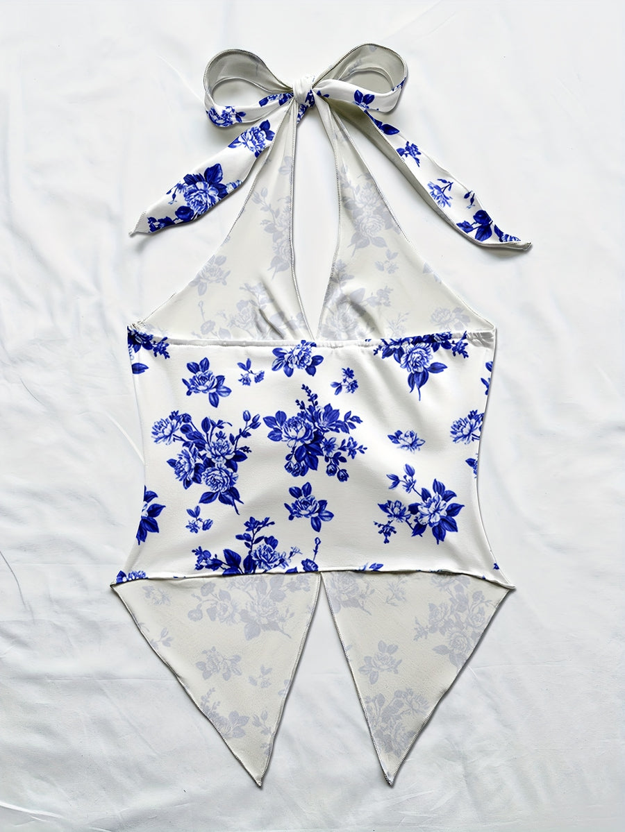 Women'S Spring/Summer Fall Boho Beach Vacation Outfits Marine Floral Leopard Print Trim Bustier Slim Fit Camisole Halter Top, Y2K Vintage Concert Outfit - Sky Blue