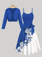 Women's Suit Blue Cardigan Jacket and Flower Print Contrasting Color Suspender Dress with Lace-up 2pcs Set Temperament Daily Party Ladies' Clothing - Blue