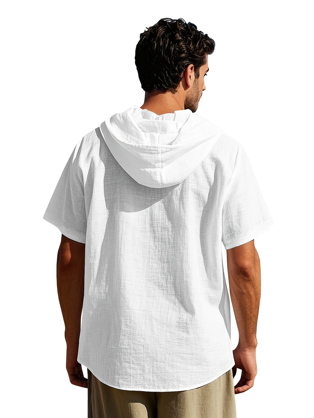 Men's 2pcs Short-Sleeve Hoodie Shirt, Regular Fit, Lightweight Open Cardigan, Vacation Casual Top - Green+Light White