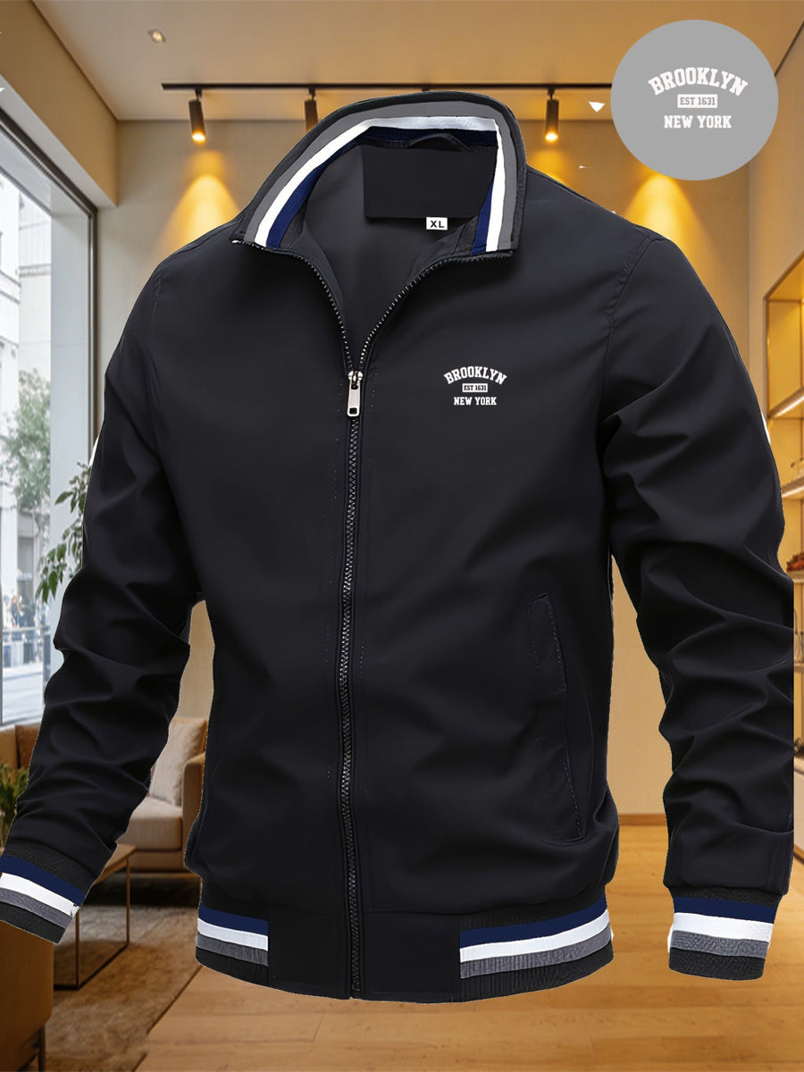 Lightweight Windproof Casual Coat with a Vintage Baseball Collar for Men, Inspired by Brooklyn, New York - Black