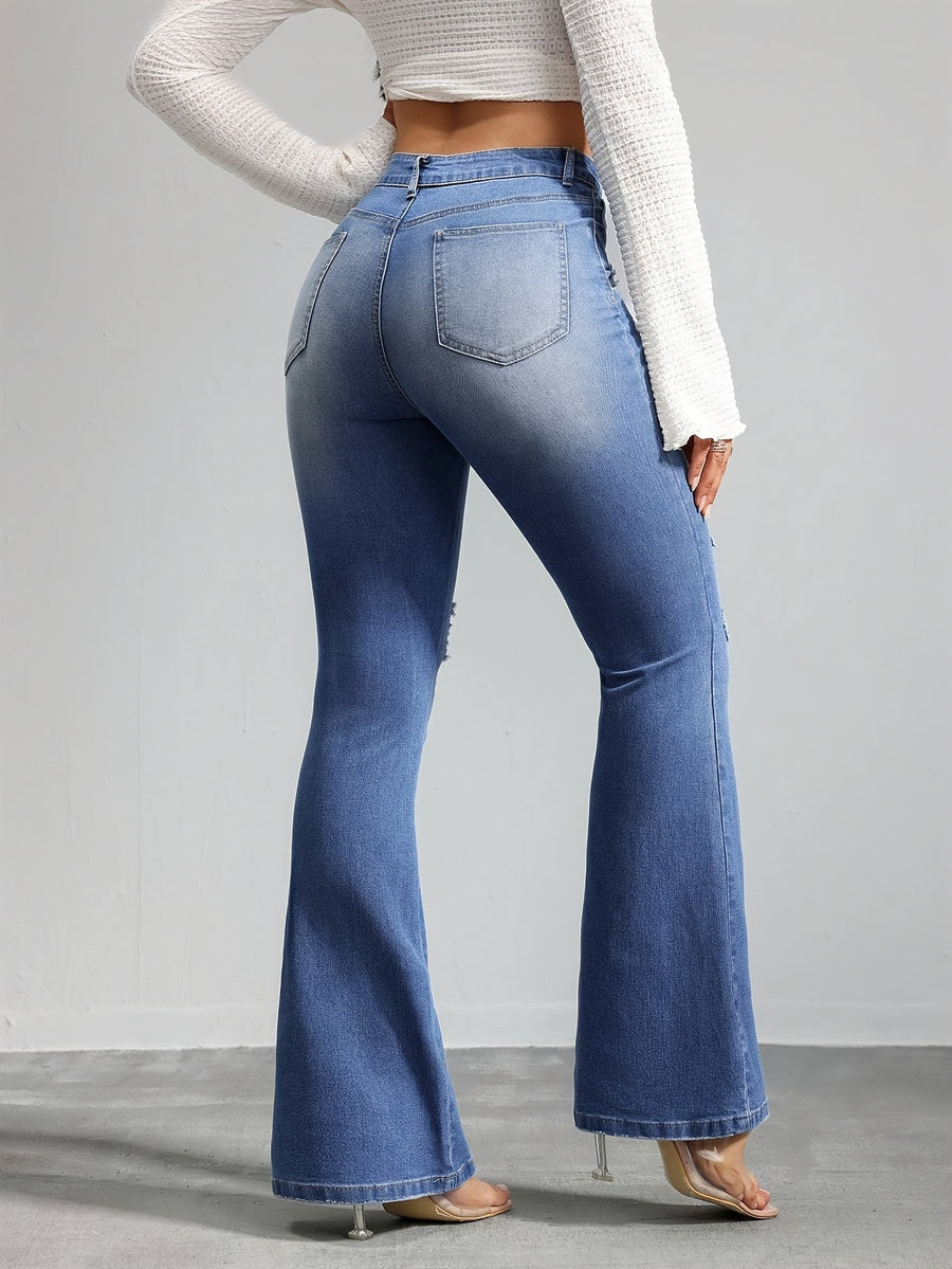 Women's Vintage Blue Washed Flared Jeans, High Stretch Slim Fit with Distressed Design and Pockets, All-Season Solid Color Flare Pants - Blue