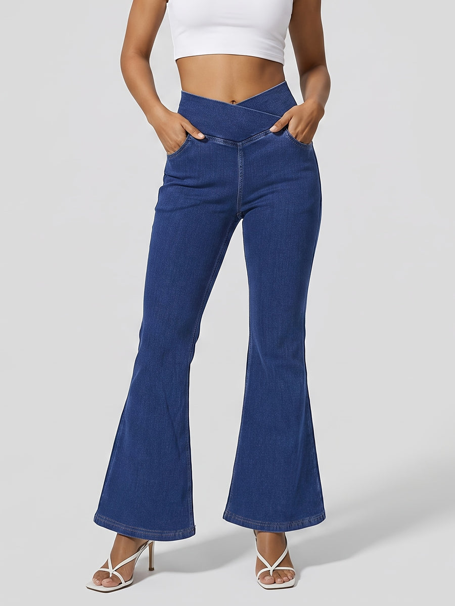 GILIPUR Women'S Solid Denim Cross V Low Waist Lifting Flare Jeans, Soft Stretchy Bootcut Long Denim Pants with Front Pockets, Y2K Streetwear Daily Date Night - Sky Blue