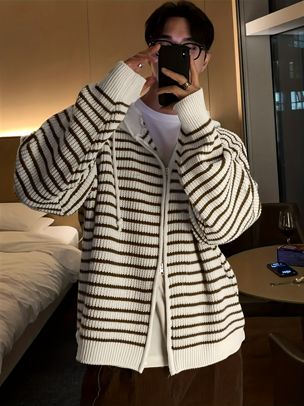 New Autumn/Winter Warm Fashionable Versatile Casual Men's Knit Cardigan Long Sleeve, Lazy Style Striped Hooded Cardigan Sweatshirt, Contrast Color Outerwear Sweater with Double-End Zipper and Adjustable Drawstring, for Work, School - Apricot