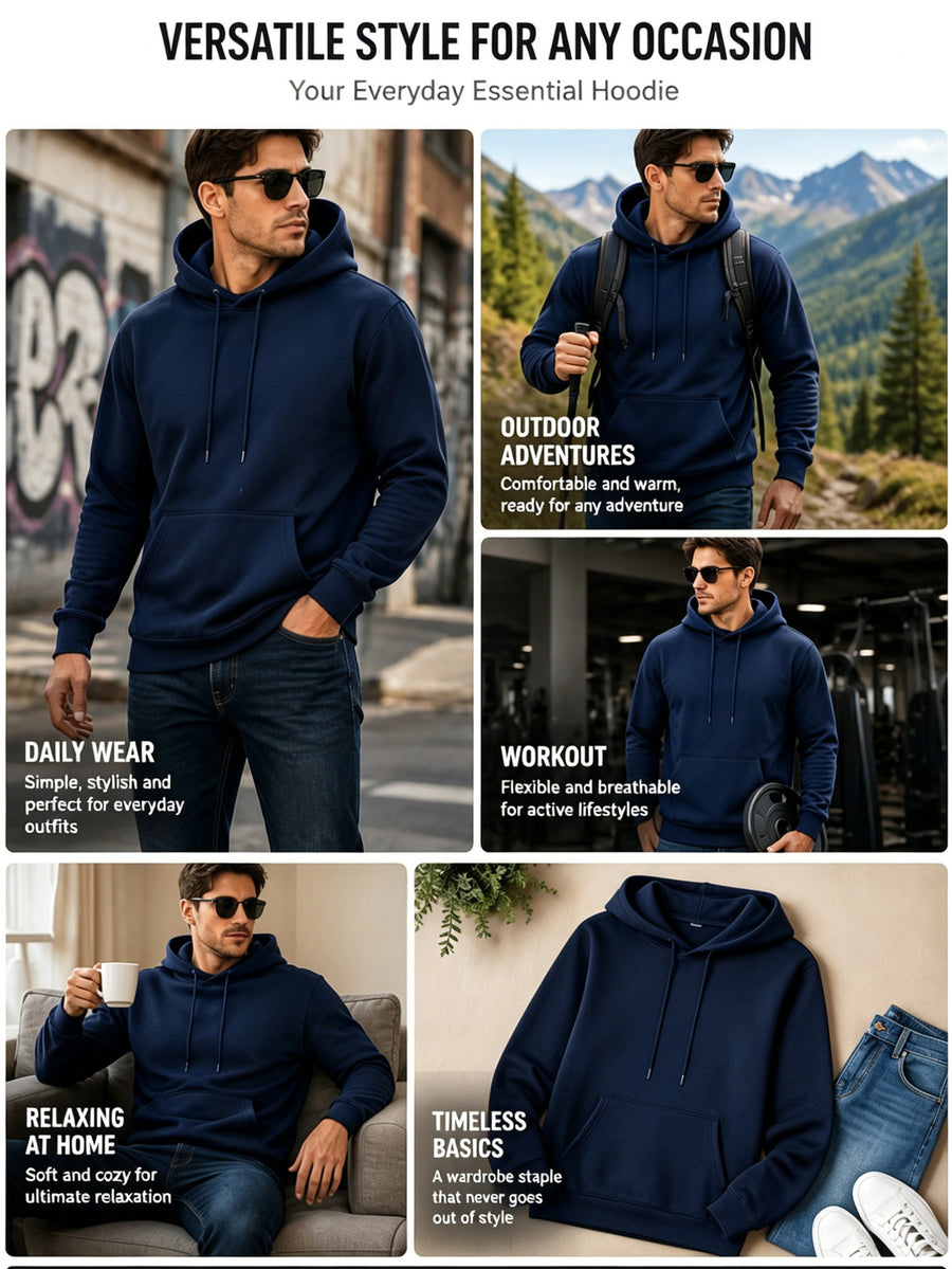 Men's Three-Panel Hooded Sweatshirt with Forest Scenery Patchwork Line Art Print, European and American Outdoor Style Casual Sweatshirt - Navy Color