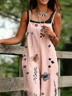 Ink Wash Floral Summer Loose Fit Wide-Leg Long Pants, Artistic Casual Versatile Women's Jumpsuit E0213 - Pink Color