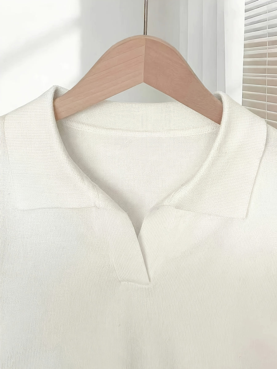 France Ladies Spring/Summer White Easy Casual Lapel Short Sleeve Slim Top, Suitable for Daily Wear, Summer Vacation, Spring Wear, Elegant And Fashionable - White