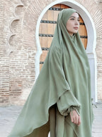 Middle Eastern Solid Color Women'S Robe with Pearl Sleeves Dress And Long Scarf 2pcs Set, Ideal for Women'S Daily Wear, Travel, And Ramadan - Green