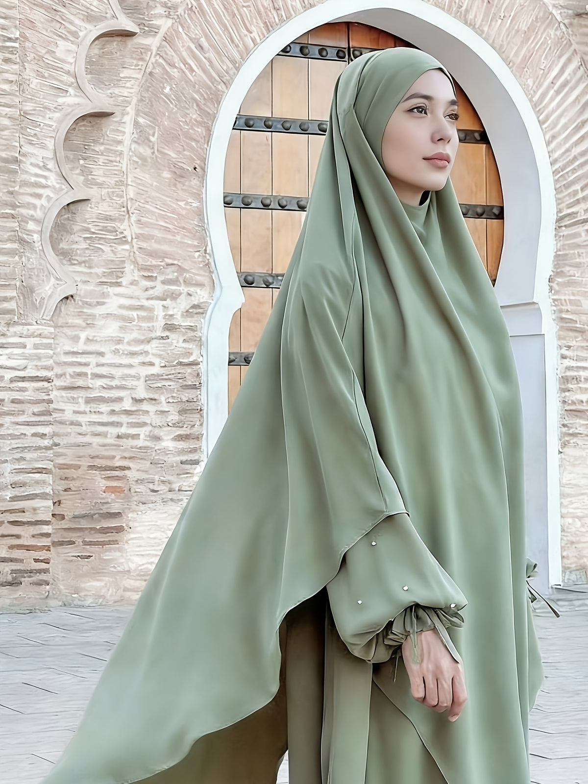 Middle Eastern Solid Color Women'S Robe with Pearl Sleeves Dress And Long Scarf 2pcs Set, Ideal for Women'S Daily Wear, Travel, And Ramadan - Green