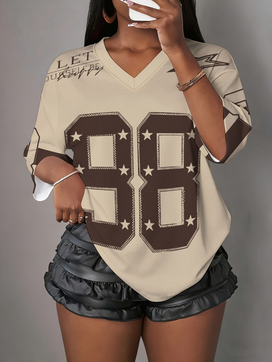 Western Fashion Women'S V-Neck Mesh Fabric Casual Short Sleeve T-Shirt, Retro Jersey Style Women'S Casual Apparel - Khaki