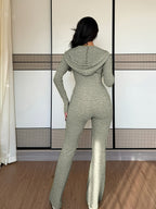Women's Casual Two-Piece Set with Pockets Hooded Zip-Up Waist Jacket and Ribbed Flared Pants - Space Gray