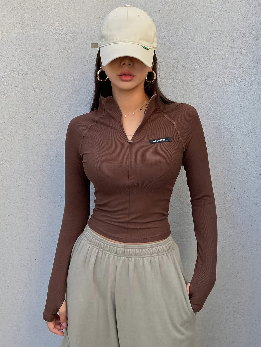 Slim-Fit Long-Sleeve T-Shirt with a Half Zipper for a Stylish Look - Dark Brown