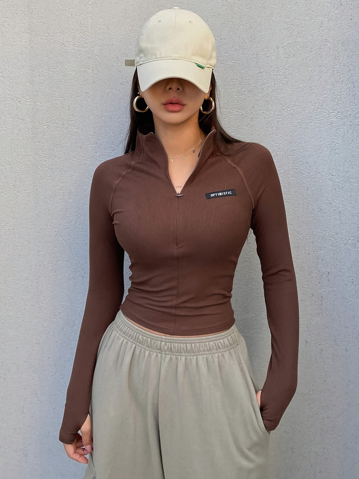 Slim-Fit Long-Sleeve T-Shirt with a Half Zipper for a Stylish Look - Dark Brown