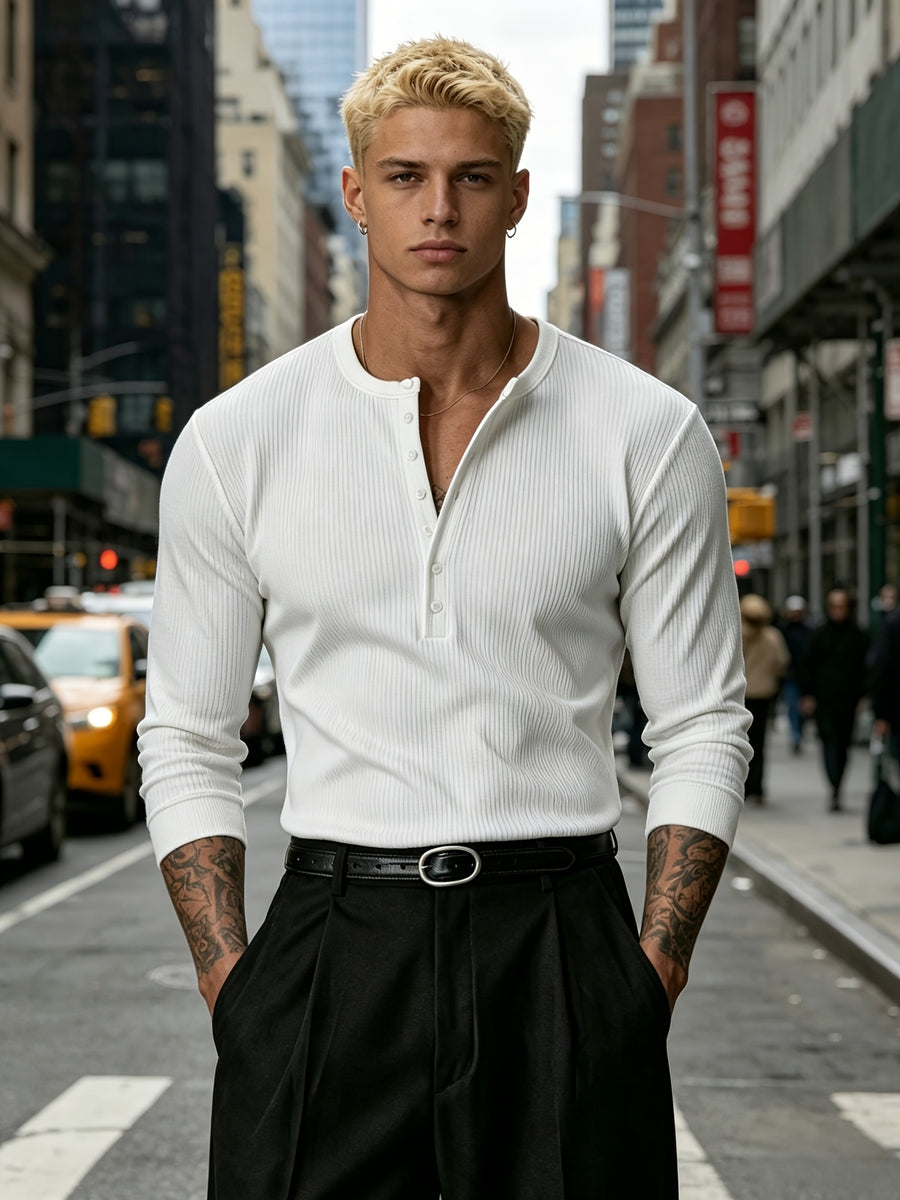 Men'S 4pcs Set of Henley Collar Pinstripe Long-Sleeve Base Layers, Elastic Knit Solid Color Button-Up Shirts for Fall Winter All-Season Inner Wear And Outer Wear, Commute Fitness Multi-Scene Versatile Men'S Clothing - Mixed colors