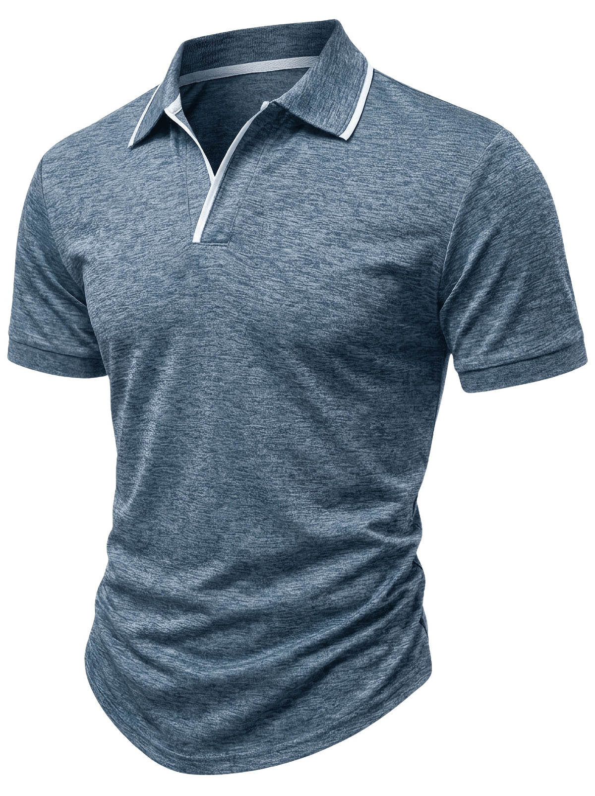 Summer Men'S Short Sleeve T-Shirt, Men'S Business Shirt, Round Neck Lapel Contrast Men'S T-Shirt, Casual Party, Suitable for Various Styles, Travel, Golf, Daily, Suburban Tourism, Family Travel, Parent-Teacher Meeting, Casual Short Sleeve Top, Knit - Gray Blue