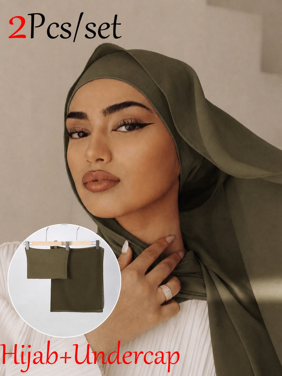2pcs/Set FONSAF Women' Chiffon & Tube Cap - Solid Color Muslim Headscarf with Jersey Inner Cap, Breathable Chiffon Suitable for Prayer, Work, Daily Wear, Conservative for All Seasons, Suitable for Work, Commute, Outing, Party - Olive Green