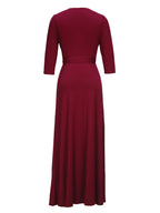 Western Fashion Solid Color V-Neck Women'S Dress Elegant Long Dress with Belt - Burgundy