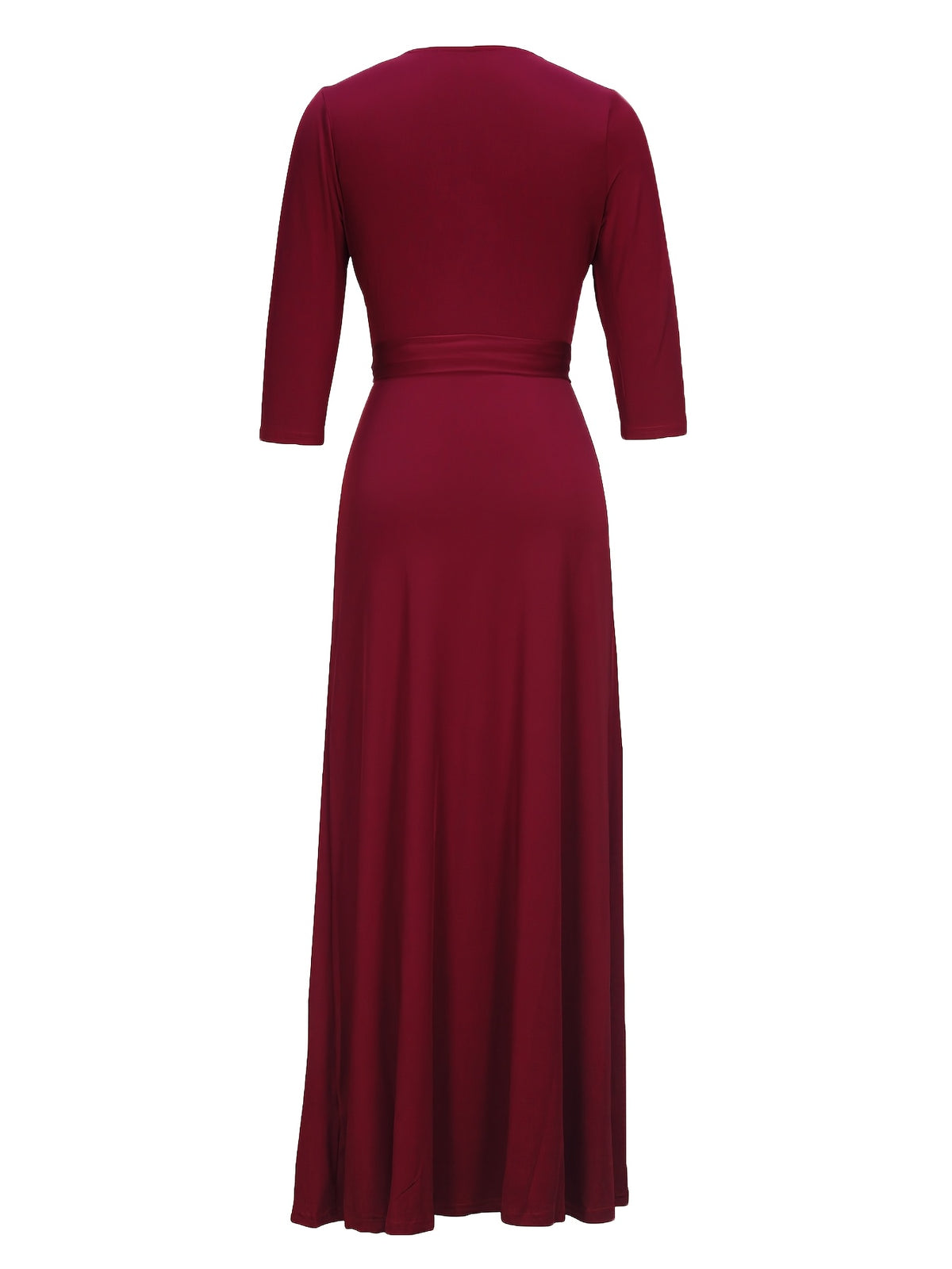 Western Fashion Solid Color V-Neck Women'S Dress Elegant Long Dress with Belt - Burgundy