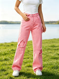 Stylish Popular Women's Niche Heart-Print Pink Straight-Leg Jeans, High-Waisted Autumn Flowy Loose Wide-Leg Pants, 6218170 - Pink Color