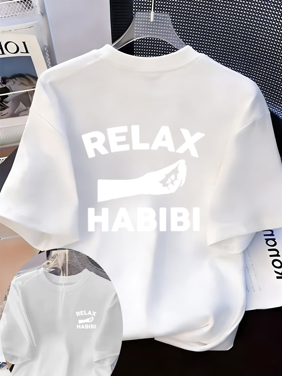 Front And Back Printed Women'S Fashion Base Print T-Shirt, Soft And Versatile, Casual Style Printed Pattern with RELAX HABIBI Lettering And Hand Gesture Design Printed Short Sleeve T-Shirt, Suitable for Casual Wear, Fashion All-Season Top - White