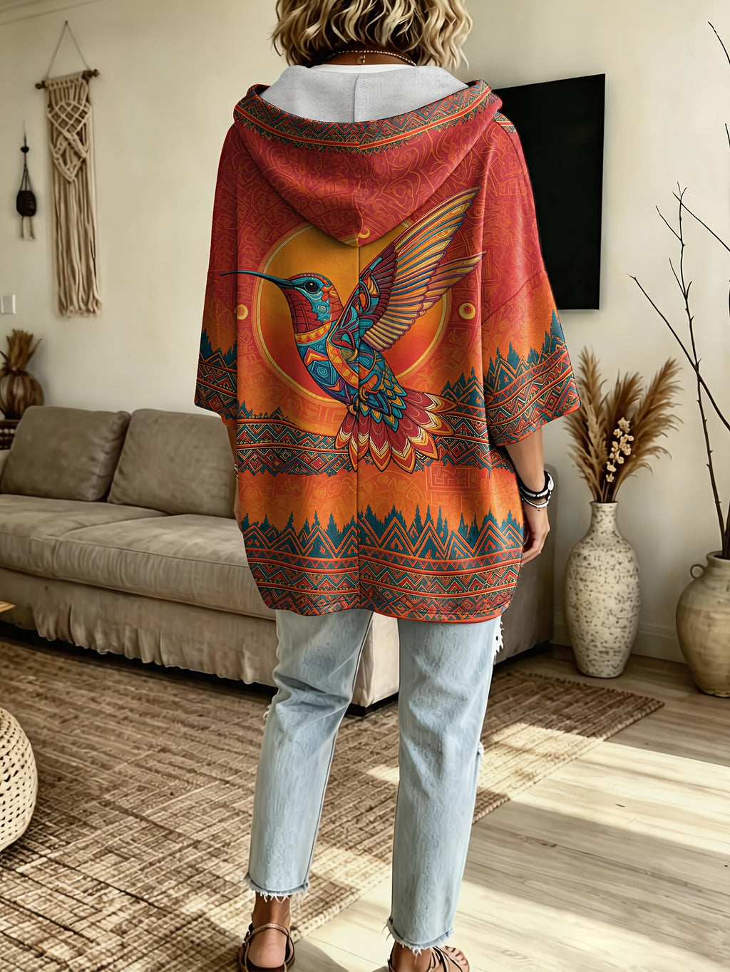 Plus Size - Printed Western Plus Size Vintage Mayan Hummingbird Ethnic Style Printed Hooded Sweatshirt, Loose Drop Shoulder Three-Quarter Sleeve Lazy Exotic Vacation Body-Covering Casual Pullover Sweater, No Additions - Multicolor