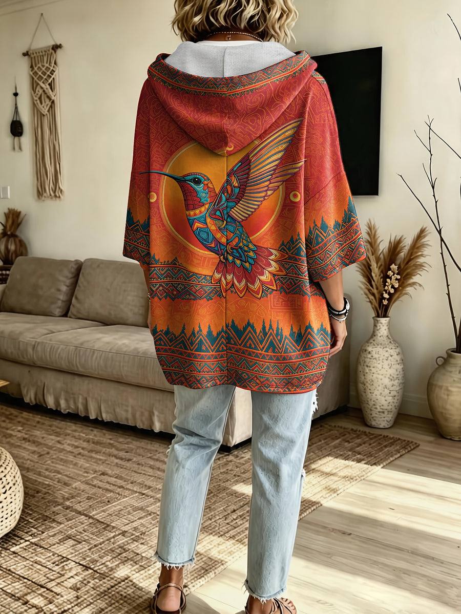 Plus Size - Printed Western Plus Size Vintage Mayan Hummingbird Ethnic Style Printed Hooded Sweatshirt, Loose Drop Shoulder Three-Quarter Sleeve Lazy Exotic Vacation Body-Covering Casual Pullover Sweater, No Additions - Multicolor