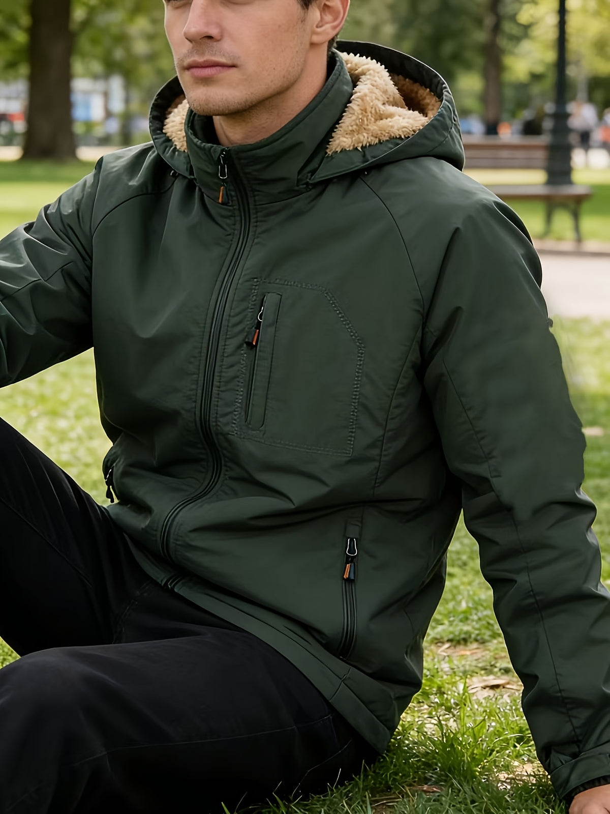 Men's Thick -Lined Casual Hooded Jacket - Army Green-1