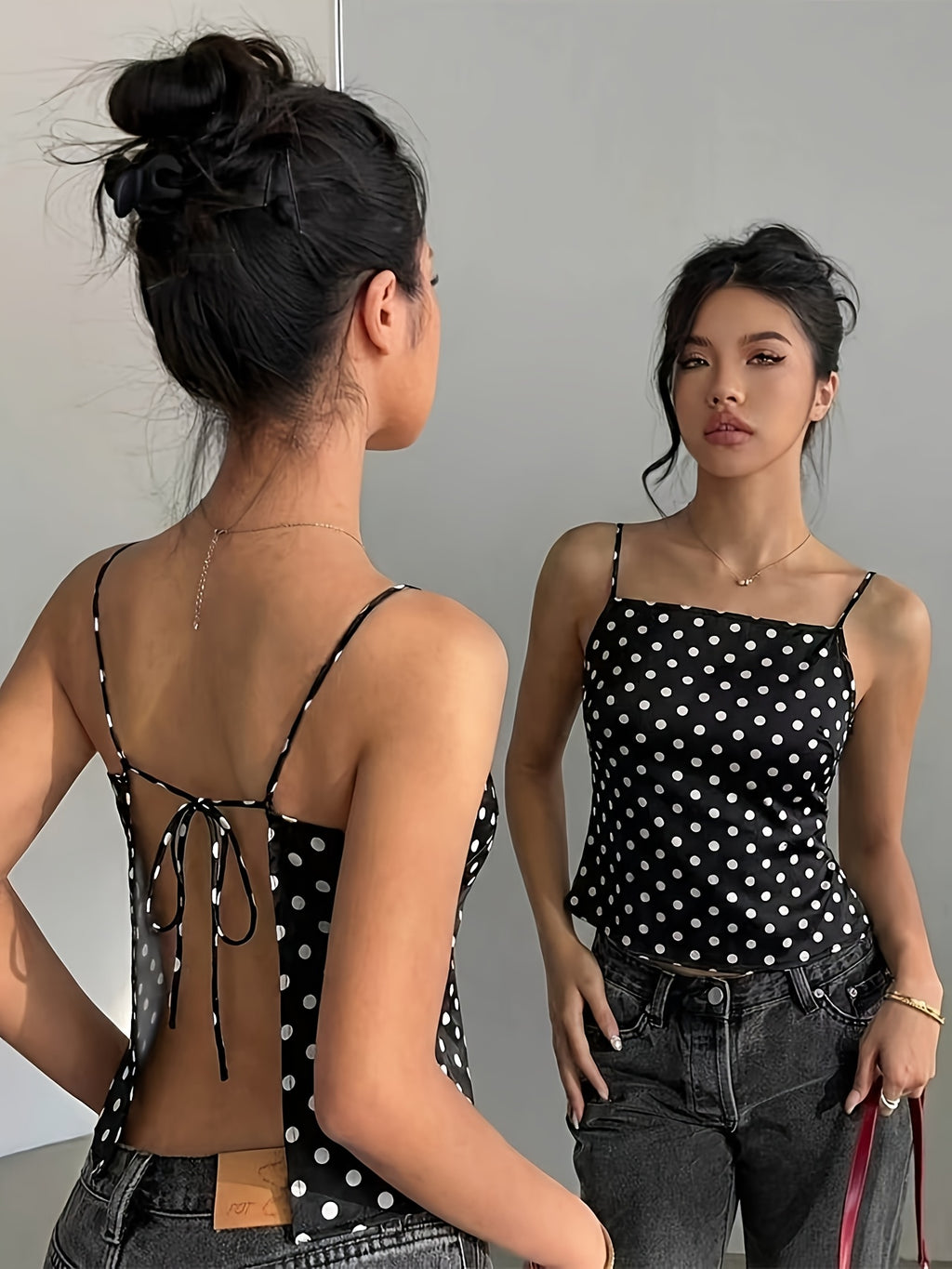 European And American Style Hot Polka Dot Backless Halter Top, Black And White Polka Dot Square Neck Halter Top, Slim Fit Lace-Up Tie-Up Waist-Cinching, Pure Desire Design Sense Outer Wear Vest, Suitable for Dating, Parties, Gatherings, Beach Dress - Black
