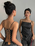 European And American Style Hot Polka Dot Backless Halter Top, Black And White Polka Dot Square Neck Halter Top, Slim Fit Lace-Up Tie-Up Waist-Cinching, Pure Desire Design Sense Outer Wear Vest, Suitable for Dating, Parties, Gatherings, Beach Dress - Black