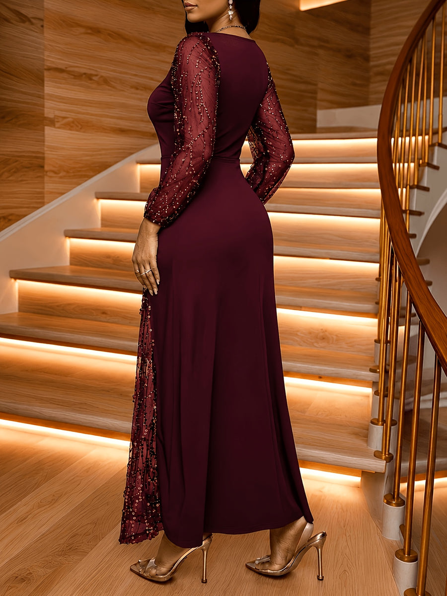 Women's Elegant Sequin Patchwork Black Long Sleeve Dress - Square Neck Semi-Sheer Slim Fit Informal Evening Gown - Burgundy