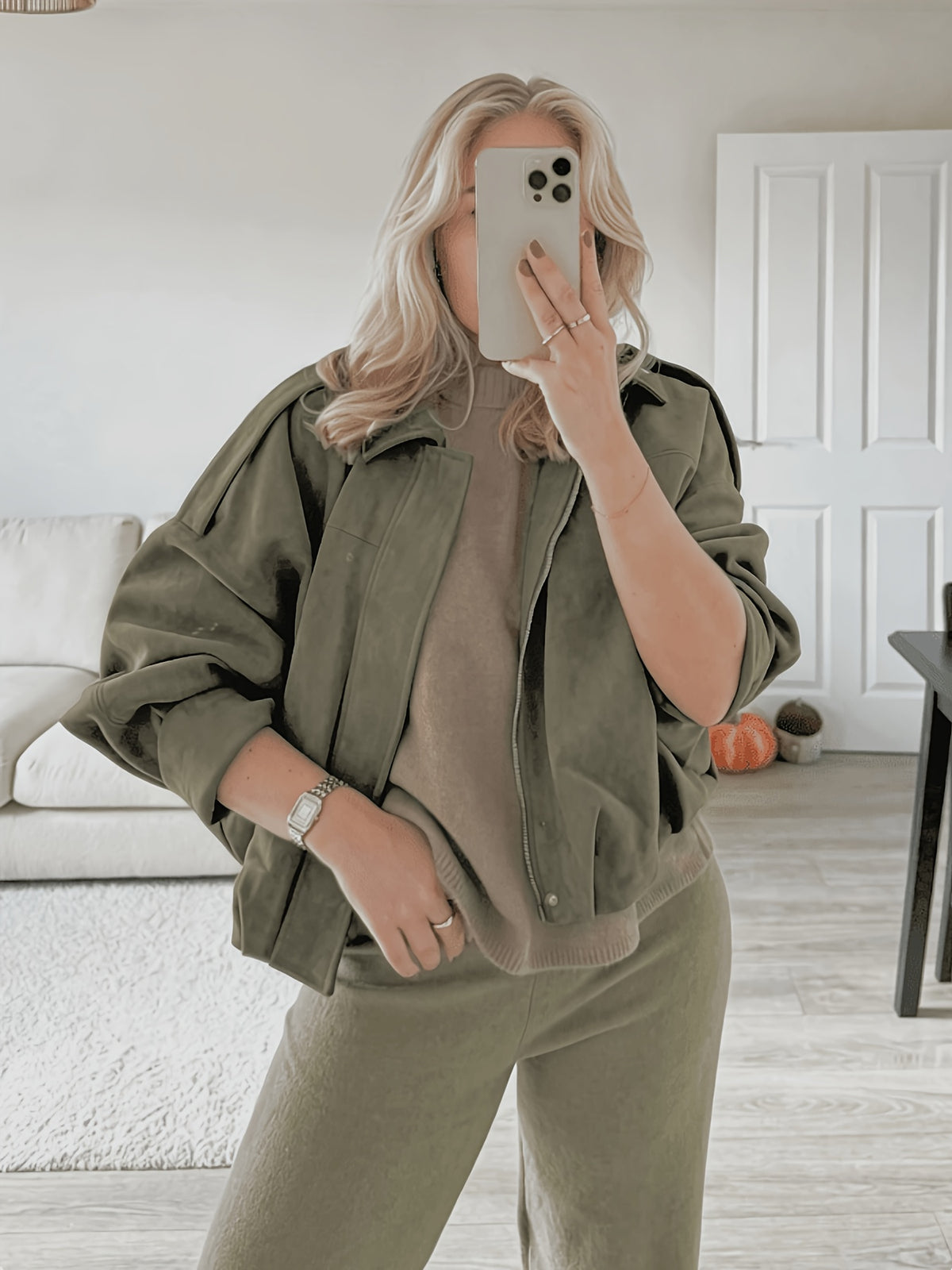 Women'S Casual Street Style Lapel Jacket, Retro Long Sleeve Zip Loose Coat - Olive Green