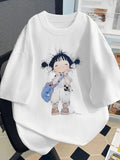 Women's Y2K Anime Kawaii T-Shirt - Cute with Pigtails & Backpack Print, Oversized Short Sleeve Round Neck Tee, 95% Polyester 5% Elastane, Casual Manga Style Outfit - White