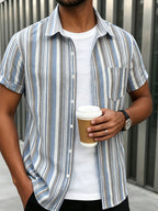 Men'S New Retro Striped Short Sleeve Shirt, Vertical Stripe Design Exaggerates Temperament, Breathable Fabric Non-Sweaty, Single Pocket Detail Full, Loose Fit Non-Pick Body, Daily Commute Casual Street Men'S Trendy Fashion Shirt Top - Blue