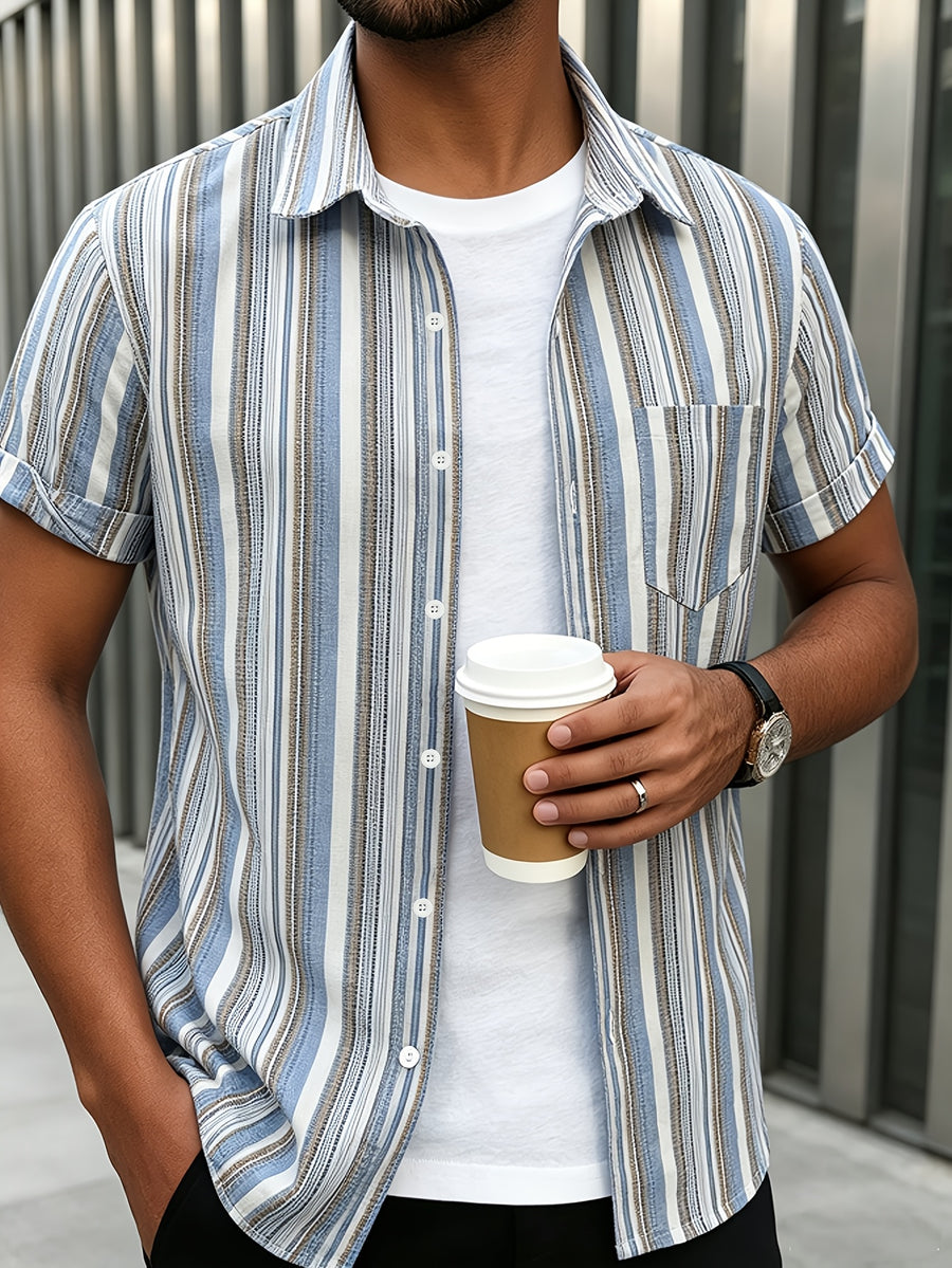 Men'S New Retro Striped Short Sleeve Shirt, Vertical Stripe Design Exaggerates Temperament, Breathable Fabric Non-Sweaty, Single Pocket Detail Full, Loose Fit Non-Pick Body, Daily Commute Casual Street Men'S Trendy Fashion Shirt Top - Blue