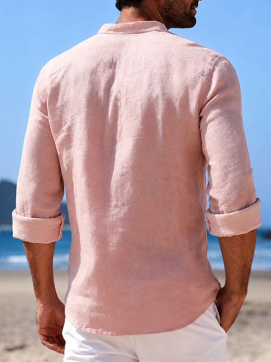 Men's 100% Pure Cotton Lapel Button-Up Long Sleeve Shirt, 2pcs Set. A Versatile Casual Top for Spring and Autumn, Suitable for Daily Wear. The Fabric Is Comfortable and Breathable, Making It Perfect for Beach Vacations and Everyday Outings - Pink+Orange