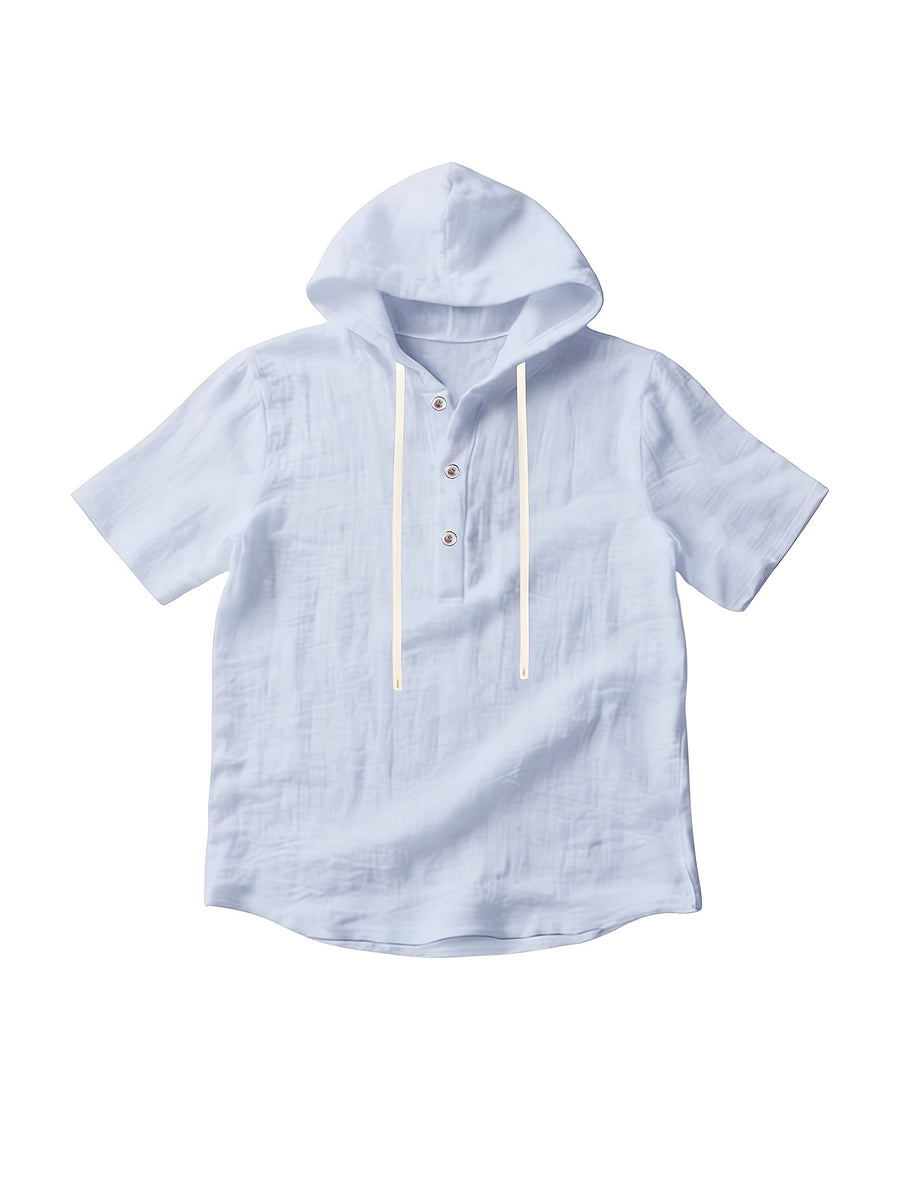 Summer New Arrival Men's Hooded Short Sleeve T-Shirt, Half Sleeve with Drawstring Design, Casual Top, Base Layer, Home and Outdoor Wear, Trendy Top, Vintage Simple Design Short Sleeve, Ideal Gift - Blue