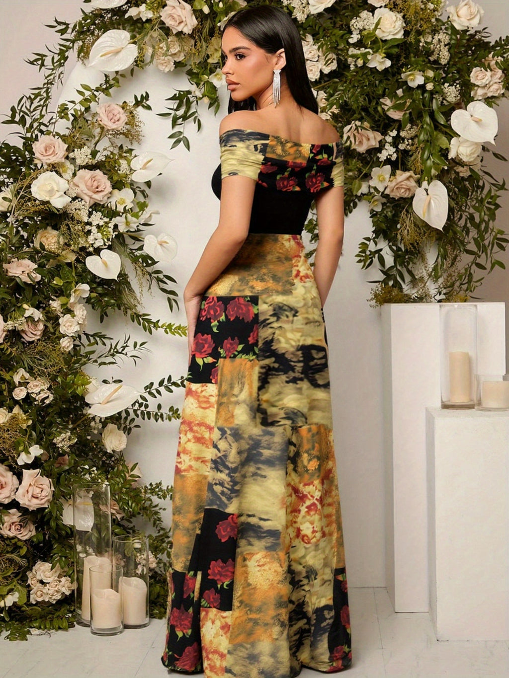 Retro Floral Off-Shoulder Women'S Dress, Artistic Patchwork And French Bare-Shoulder Style - ginger-colored