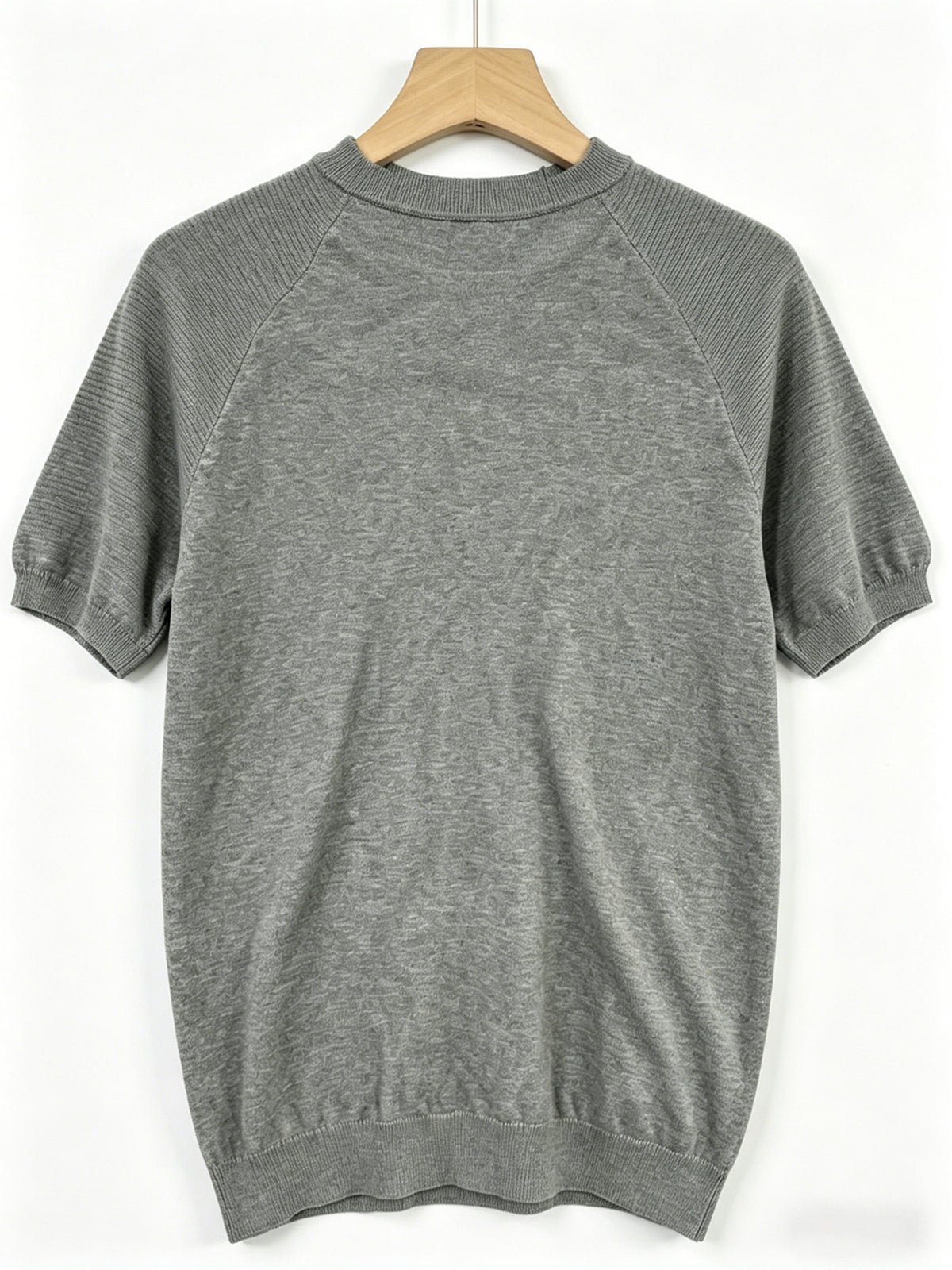 Shoulder-Yoke Round Neck Short Sleeve Knit Sweater Men'S Casual Thin Breathable Slim Fit Half Sleeve Top Daily Basic Print T-Shirt - Grey