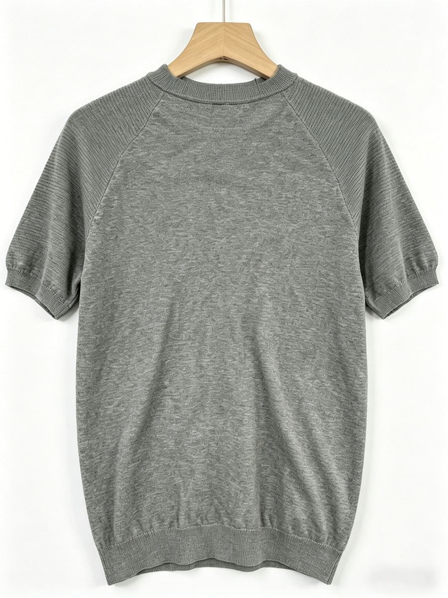 Shoulder-Yoke Round Neck Short Sleeve Knit Sweater Men'S Casual Thin Breathable Slim Fit Half Sleeve Top Daily Basic Print T-Shirt - Grey