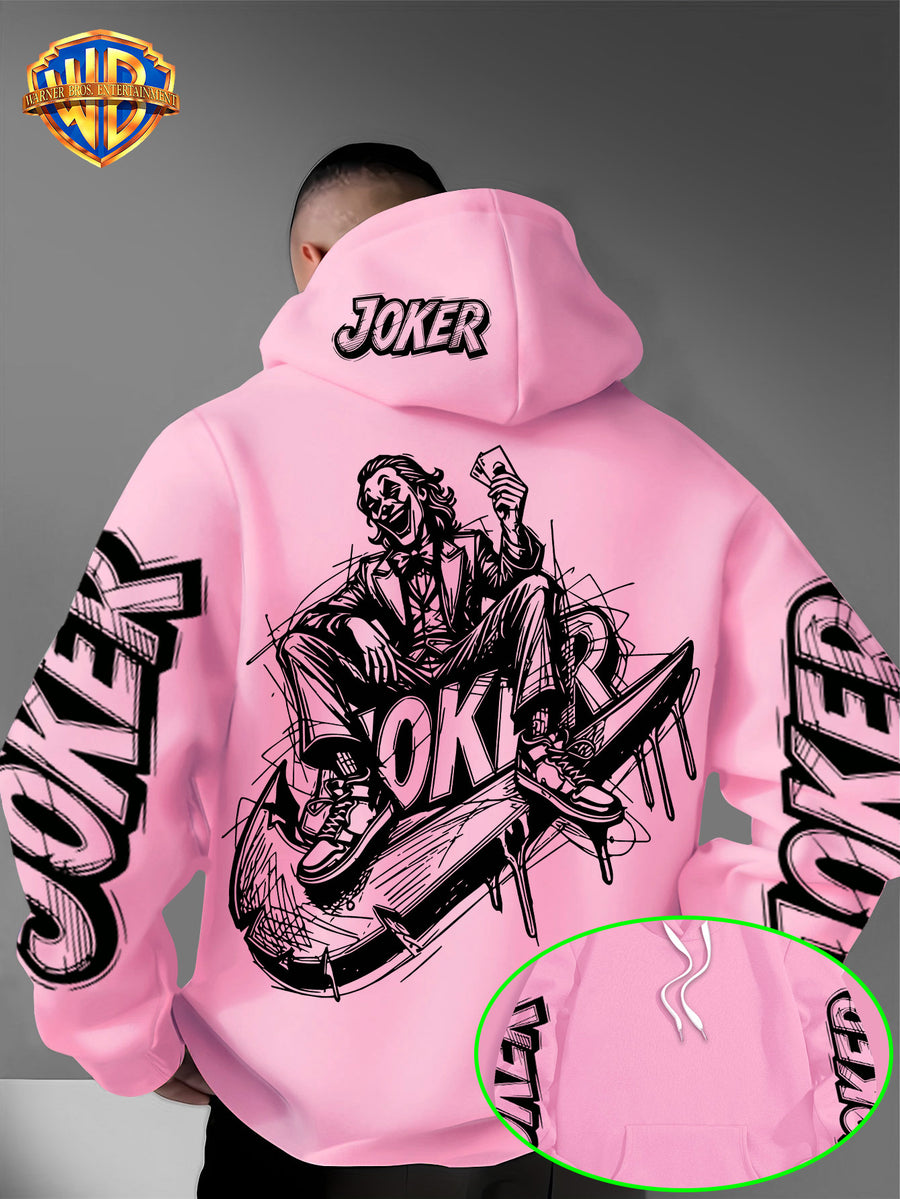 Authorized by Warner Bros., Joker Graffiti Style Print, Hat Design Pattern, Multi-Functional Street Style Men'S Hoodie, Comfortable Casual, Suitable for Autumn And Winter - Pink Color