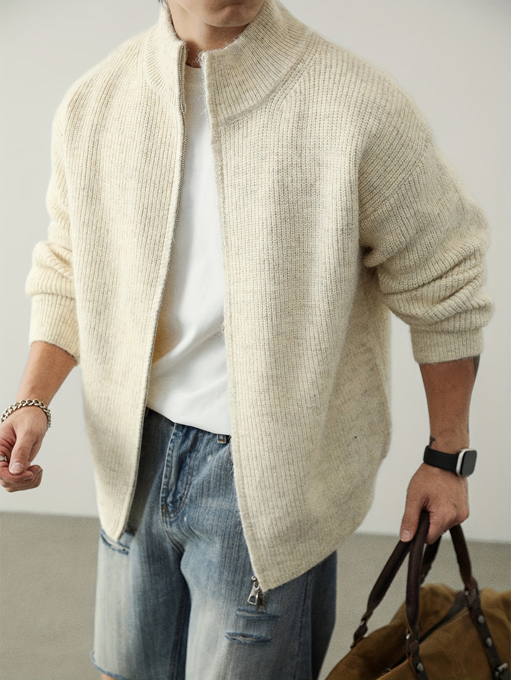 Men'S Plus Size Chunky Knit Cardigan, Full-Zip Stand Collar Sweater Coat, Solid Color Loose Warm Velvet Jacket for Autumn/Winter, Thick - Off-white