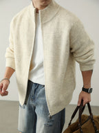 Men'S Plus Size Chunky Knit Cardigan, Full-Zip Stand Collar Sweater Coat, Solid Color Loose Warm Velvet Jacket for Autumn/Winter, Thick - Off-white