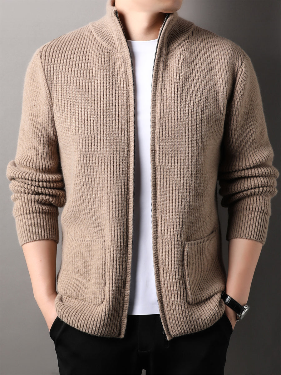 Autumn Winter Knit 3D Solid Mid-High Neck Sweater, Basic Knit Cardigan for Men, Fashionable Long-Sleeve Jacket, Monj - Camel